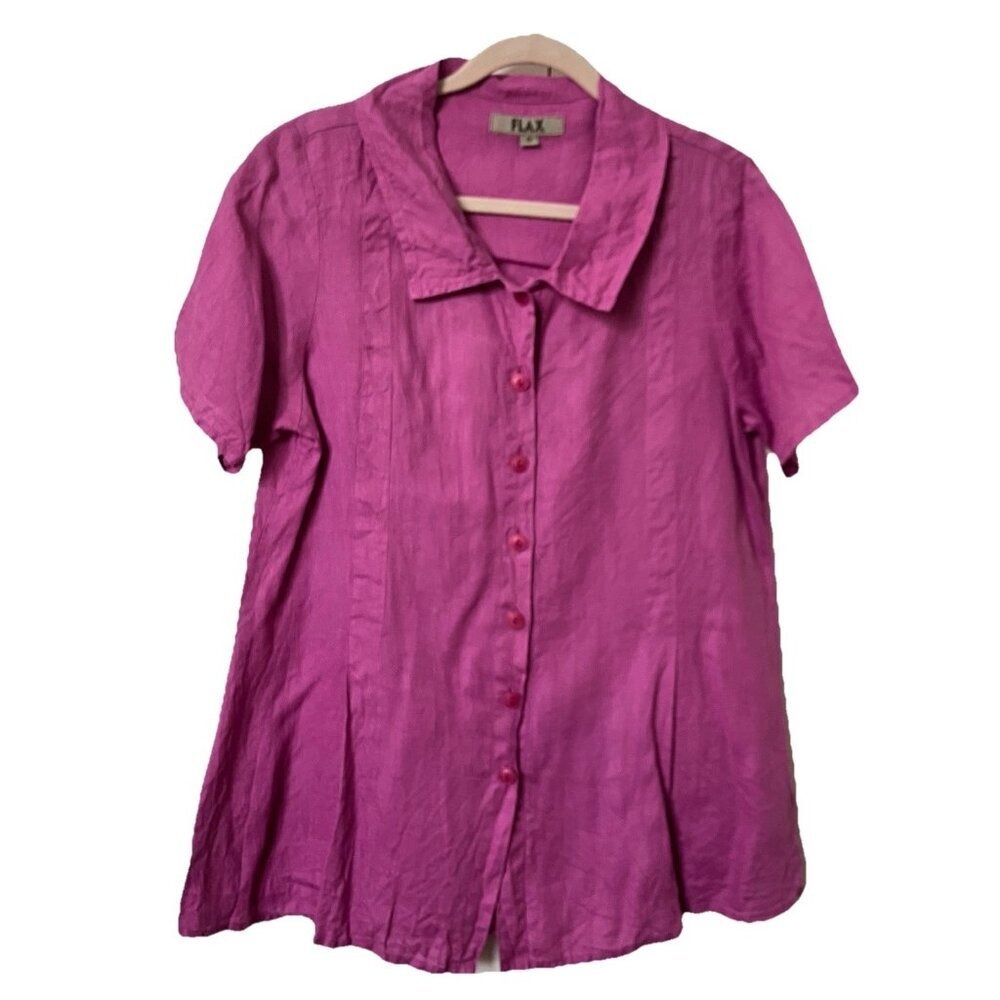 Flax Women Small Magenta Pink 100% Linen Short Sleeve Button Front Blouse Top